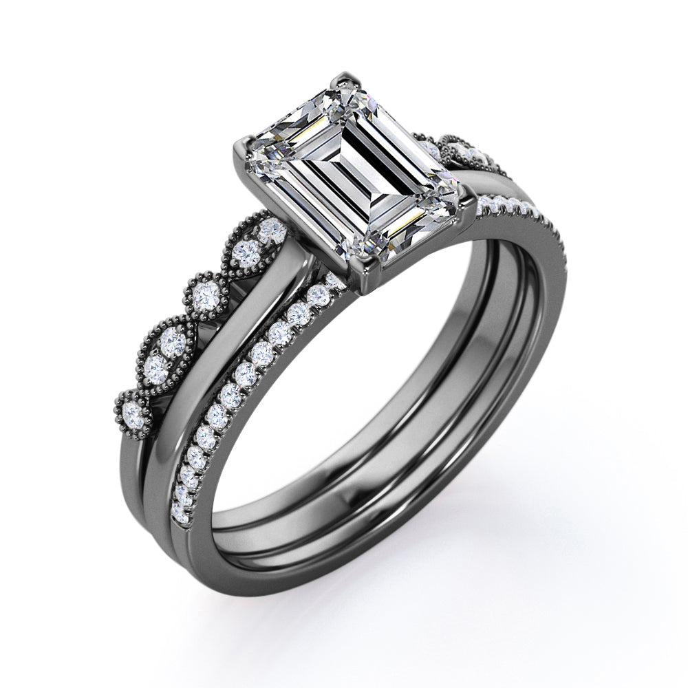 Art Deco Filigree Milgrain - 2 Carat Cubic Zirconia Emerald Cut - 4 Prong Pave Setting - Solitaire Engagement Ring - Trio Wedding Set - 18K White Gold Plating over Silver