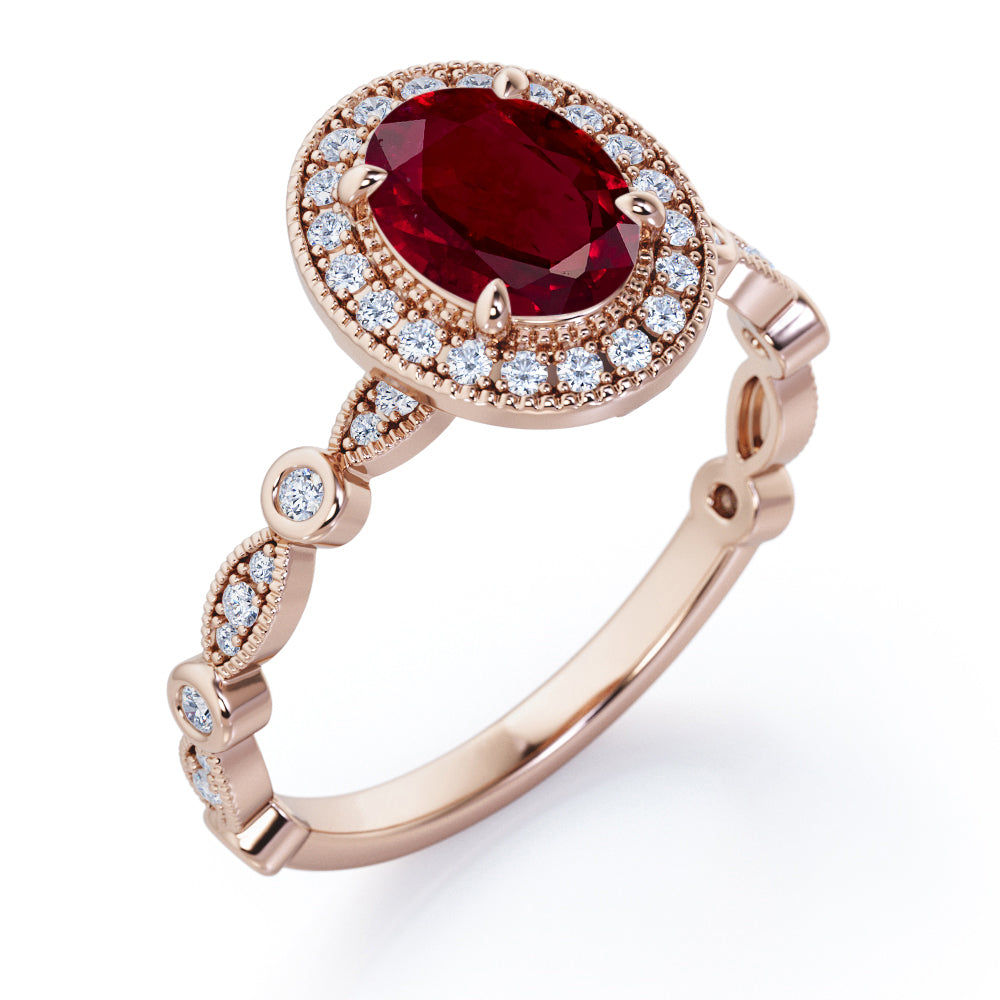 Vintage Halo 1.35 Carat Oval Cut Lab-Created Ruby And Diamond Art Deco Engagement Ring In Rose Gold