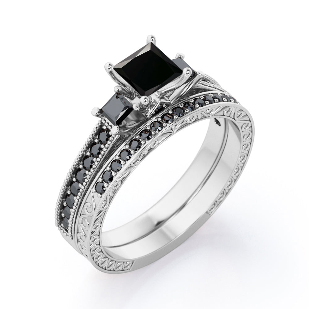 Art Deco 3-Stone 1 TCW Princess Cut Lab Created Black Diamond Cathedral Pave-Channel Wedding Ring Set in White Gold