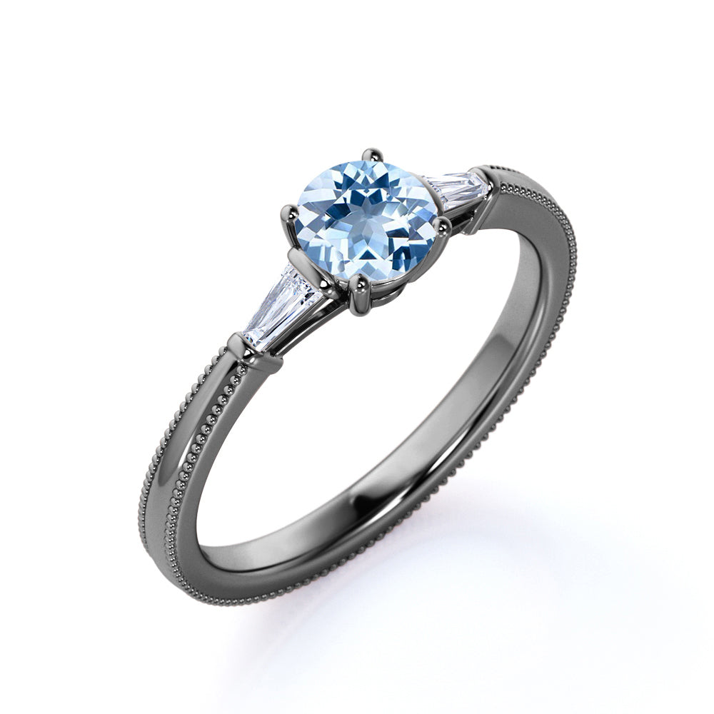 1.10 carat Round Sky Blue Created Aquamarine 3 Stone Simple Engagement Ring in 18k Yellow Gold over Silver