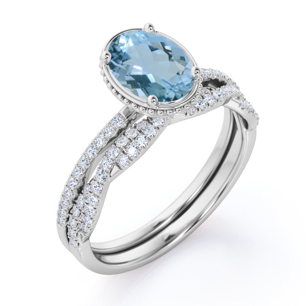 1.5 Carat Huge Oval Cut Aquamarine And Diamond Antique Wedding Ring Set In White Gold