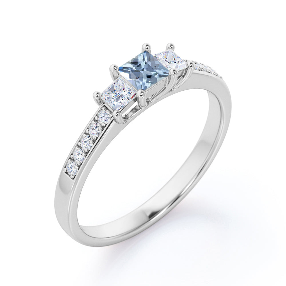 1.10 Carat Princess Cut Aquamarine And Diamond Pave Engagement Ring In White Gold