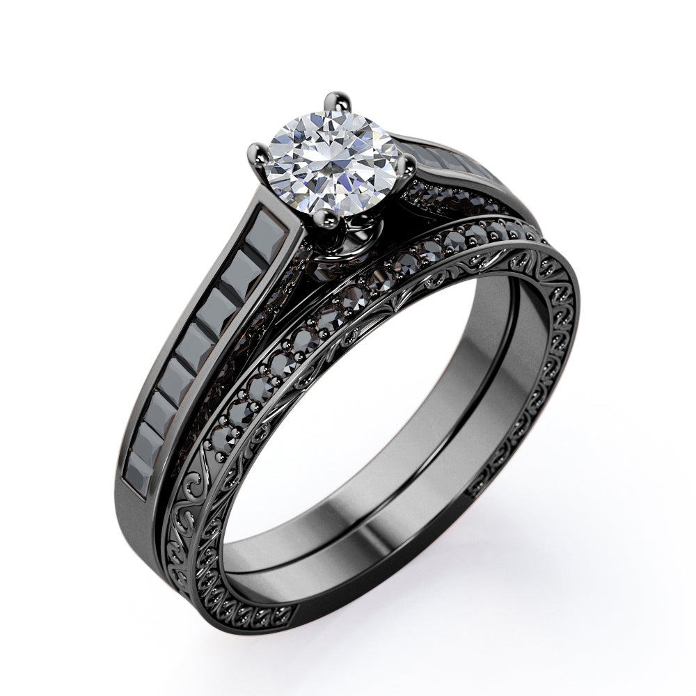 Art Deco Cathedral  1.55 TCW Round Shape Moissanite with Lab Created Black Diamond Pave and Channel Wedding Set in Rose Gold