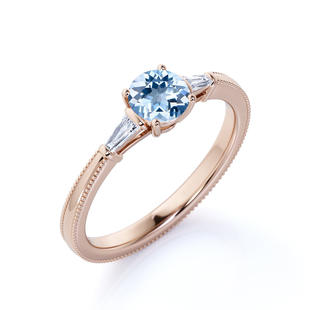 1.10 carat Round Sky Blue Created Aquamarine 3 Stone Simple Engagement Ring in 18k Yellow Gold over Silver