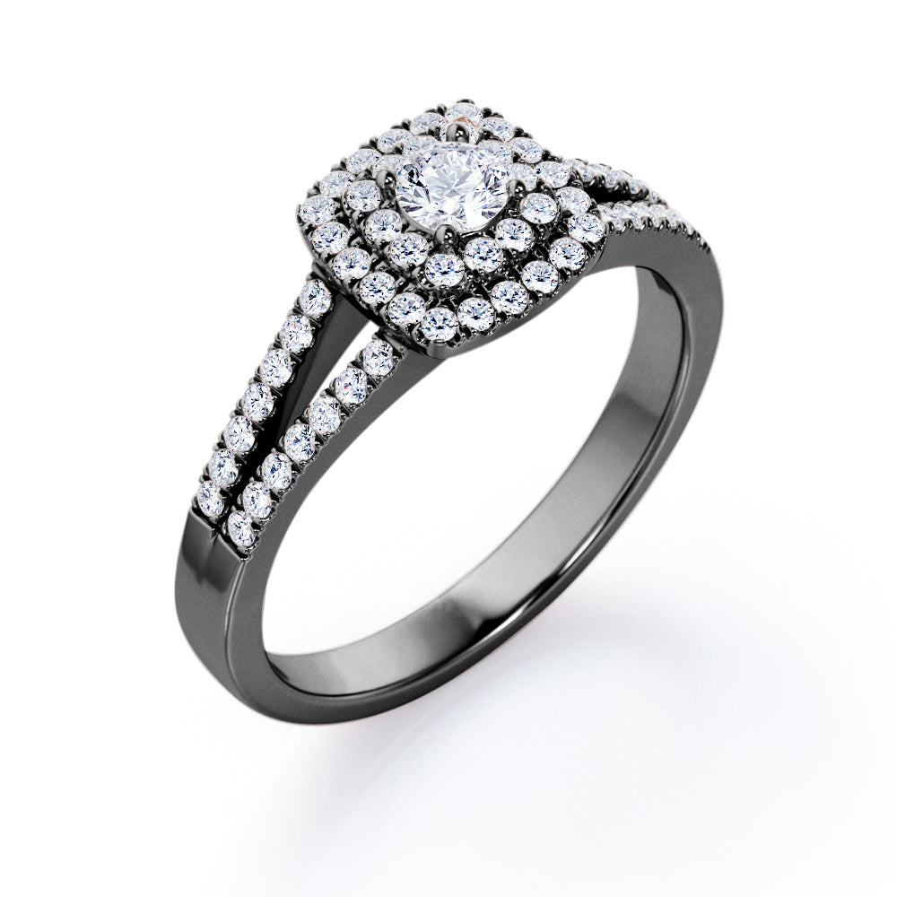 Split Shank Pave 0.45 TCW Round Shape Diamond Double Cushion Halo Engagement Ring in White Gold