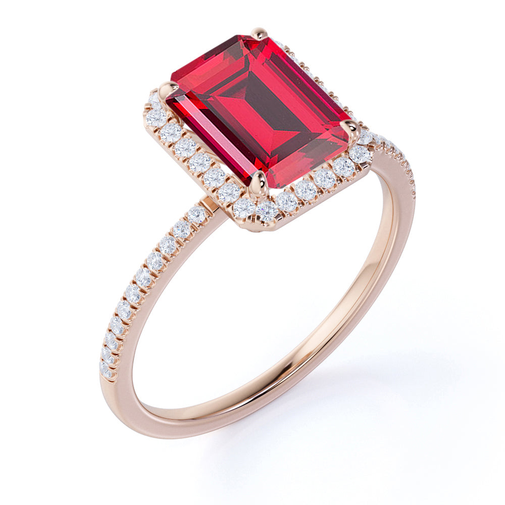 Unique Pave Set 1.30 Carat Emerald Cut Lab-Created Ruby and Diamond Engagement Ring in White Gold