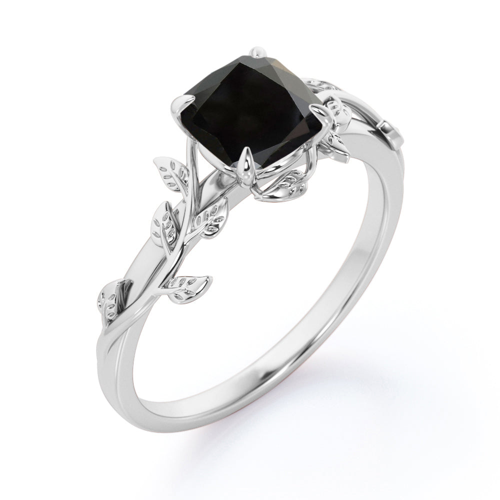 Nature inspired 1 carat cushion cut Black Diamond vintage leaf style engagement ring in white gold