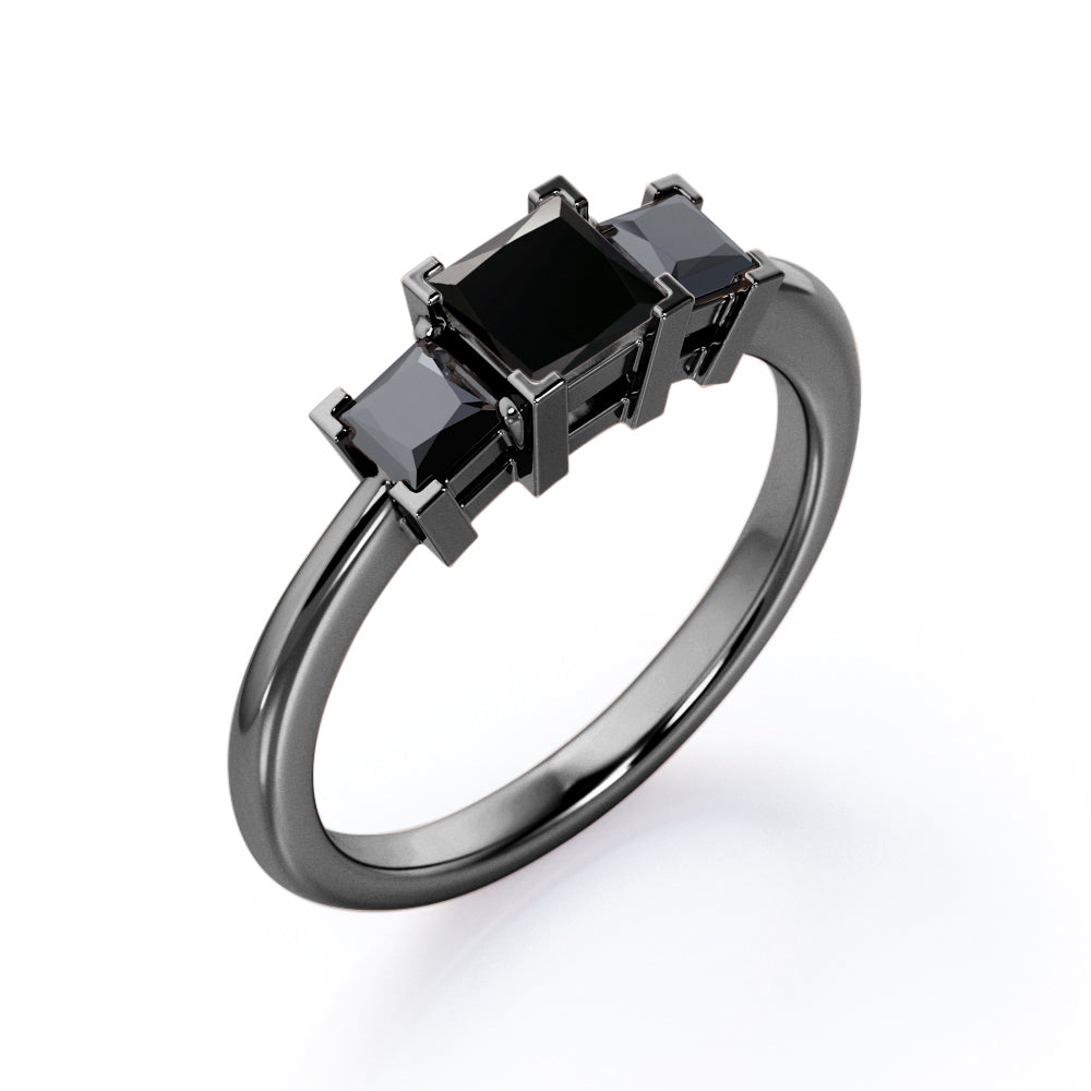 Minimalist Square V-Prong - 1.2 TCW Princess Cut Lab Created Black Diamond - Three-Stone Engagement Ring in White Gold