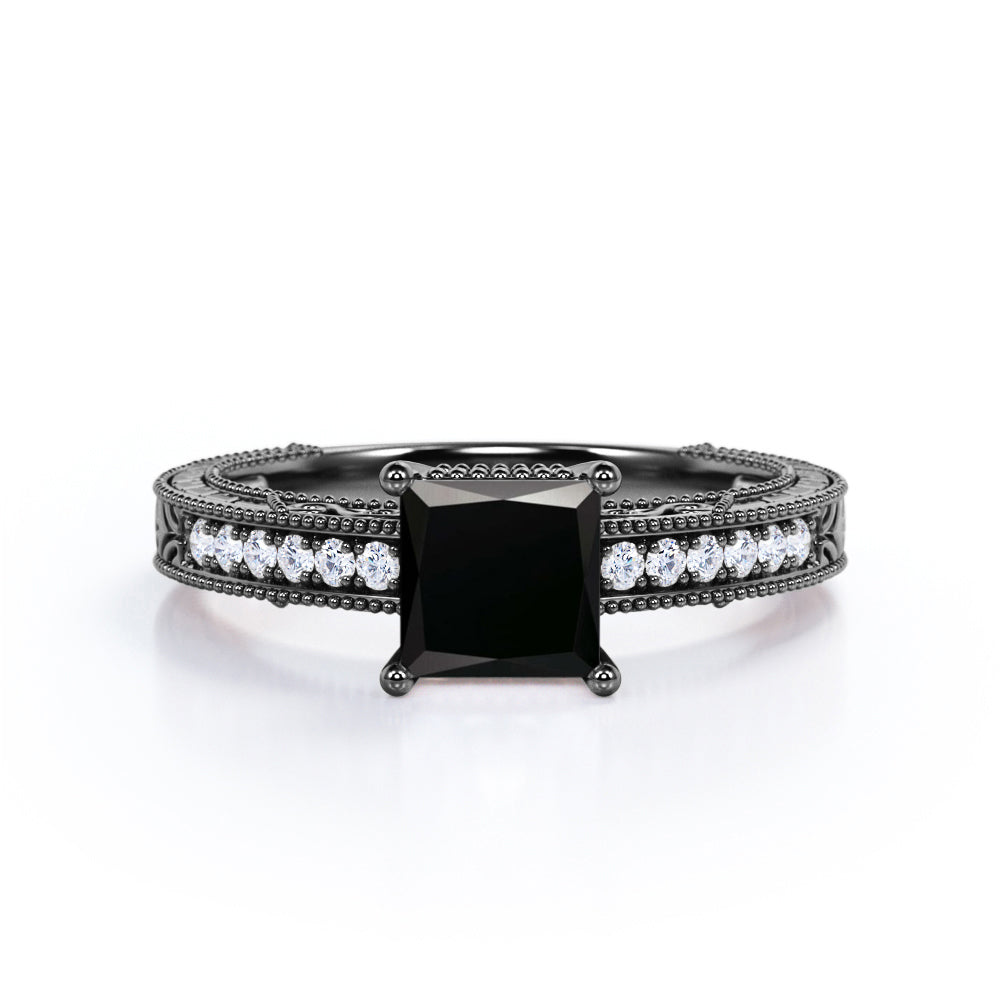 1.25 carat princess cut Black Diamond vintage milgrain engagement ring in white gold