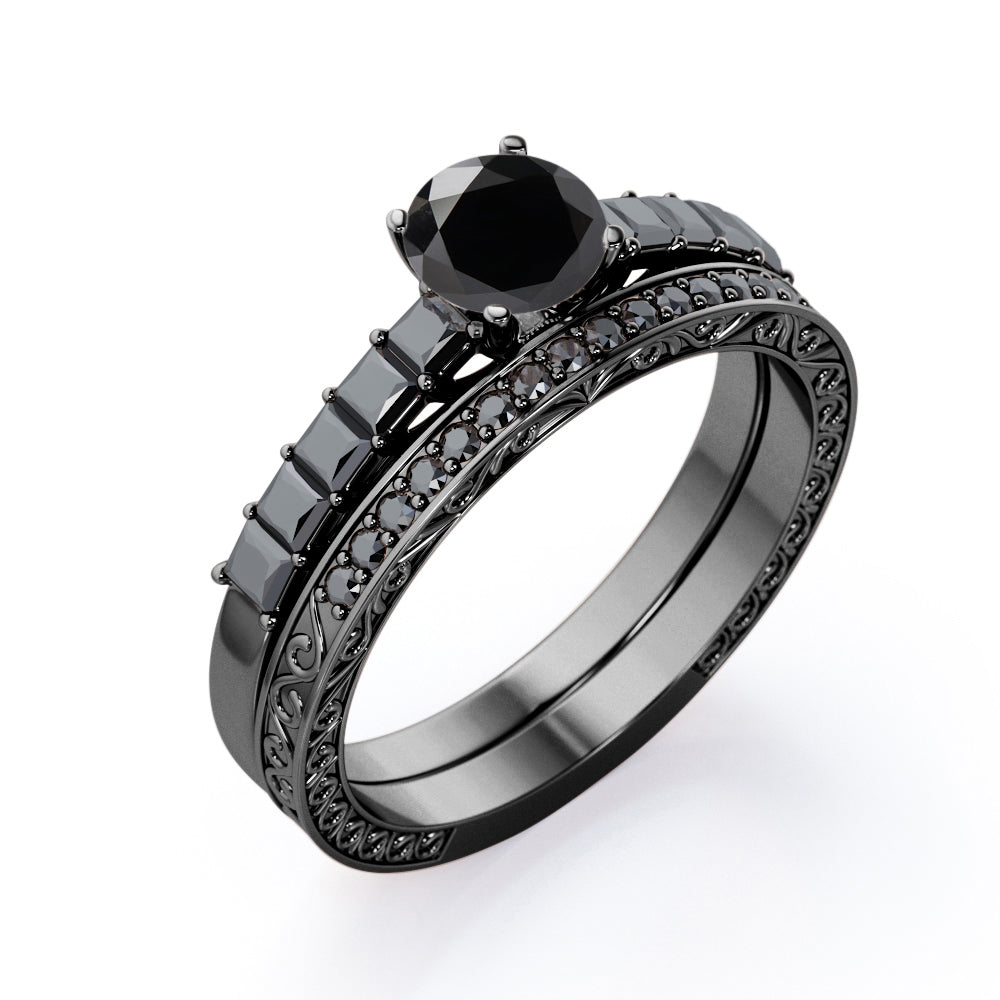 Art Deco Milgrain-Bezel 1.55 TCW Round Shaped Lab Created Black Diamond Shared-Prong Wedding Ring Set in White Gold