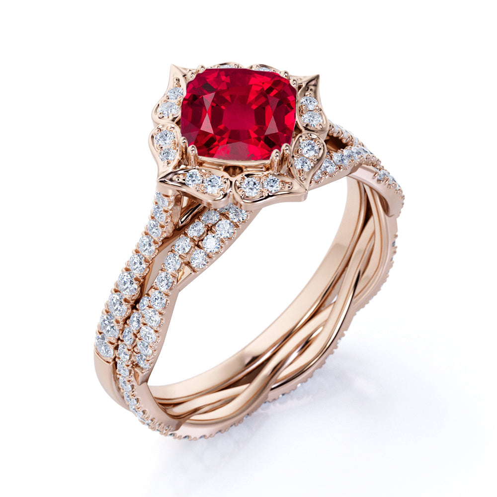 Sparkling Pave Halo 1.50 Carat Cushion Cut Lab-Created Ruby and Diamond Bridal Set with Infinity Band in White Gold