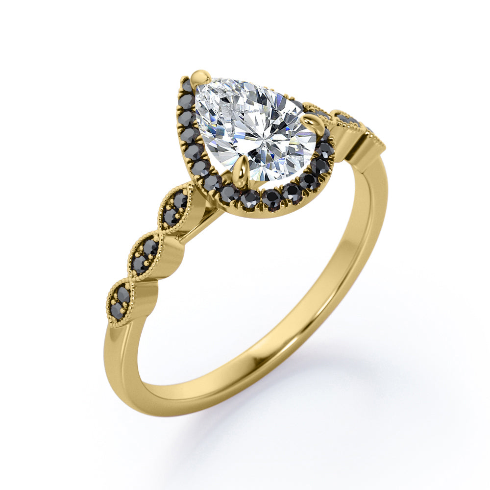 Art-Deco Filigree Milgrain 1.4 TCW Pear Cut Moissanite with Lab Created Black Diamond Halo Design Engagement Ring in Yellow Gold