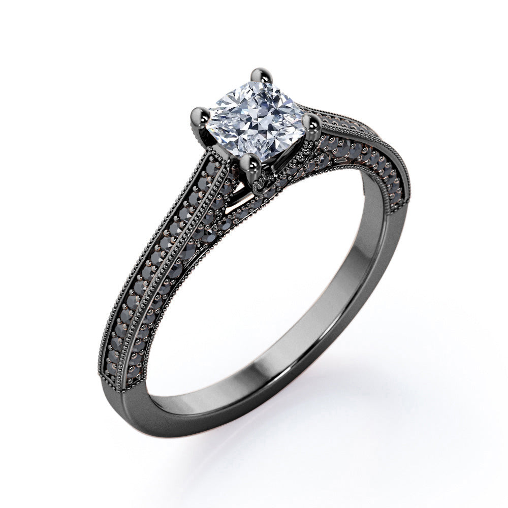 Three Sided Pave - 0.6 TCW Princess Cut Diamond with Lab Created Black Diamond - Milgrain Decorated Engagement Ring - 10K White Gold