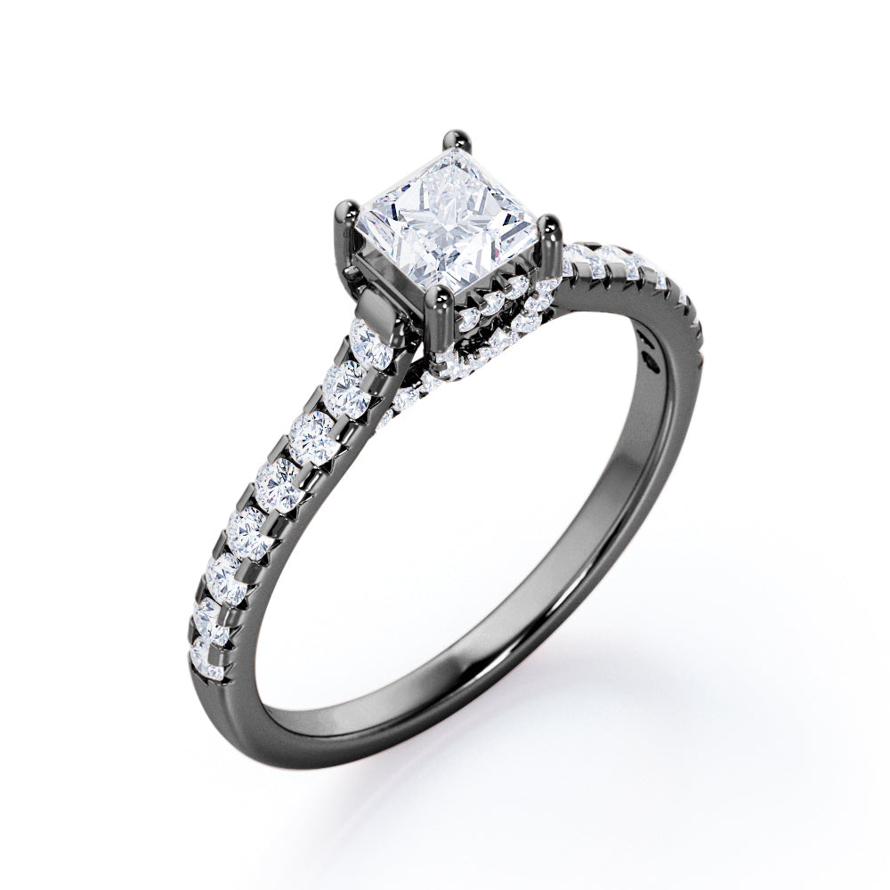 Pave-Cathedral Prong - 0.50 TCW Princess Cut Diamond - Scalloped Pave Engagement Ring - 10K Black Gold