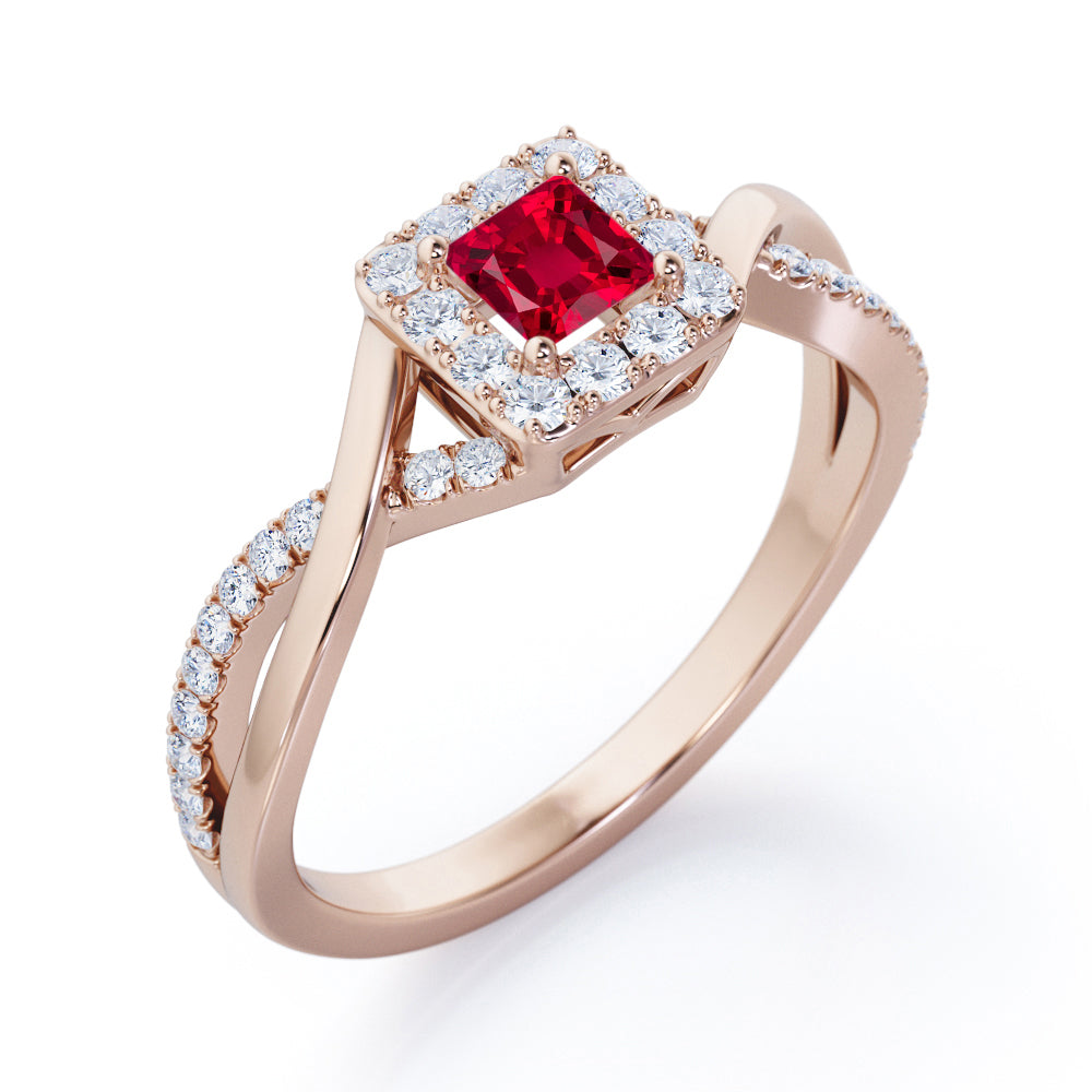 1.25 Carat Princess Cut Lab-Created Ruby - Half Crossover Pave - Halo Engagement Ring in White Gold