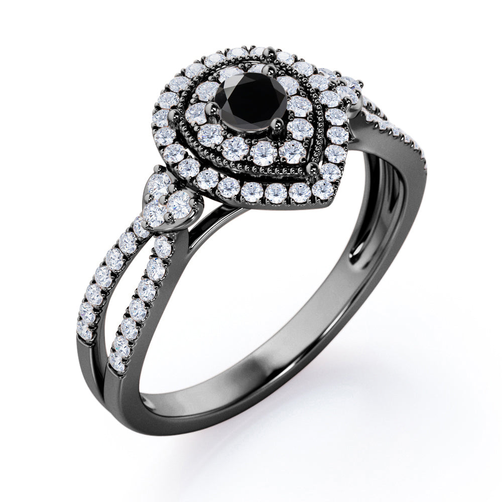 Pear-Shaped Double Halo - 1.7 Carat Round Cut Black Diamond - Pave Split Shank Engagement Ring in White Gold