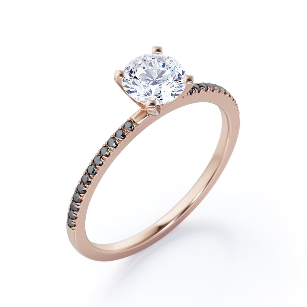 Perfect 4-Prong 1 TCW Round-Shaped Moissanite with Lab Created Black Diamond Pave-Accented Engagement Ring in Rose Gold