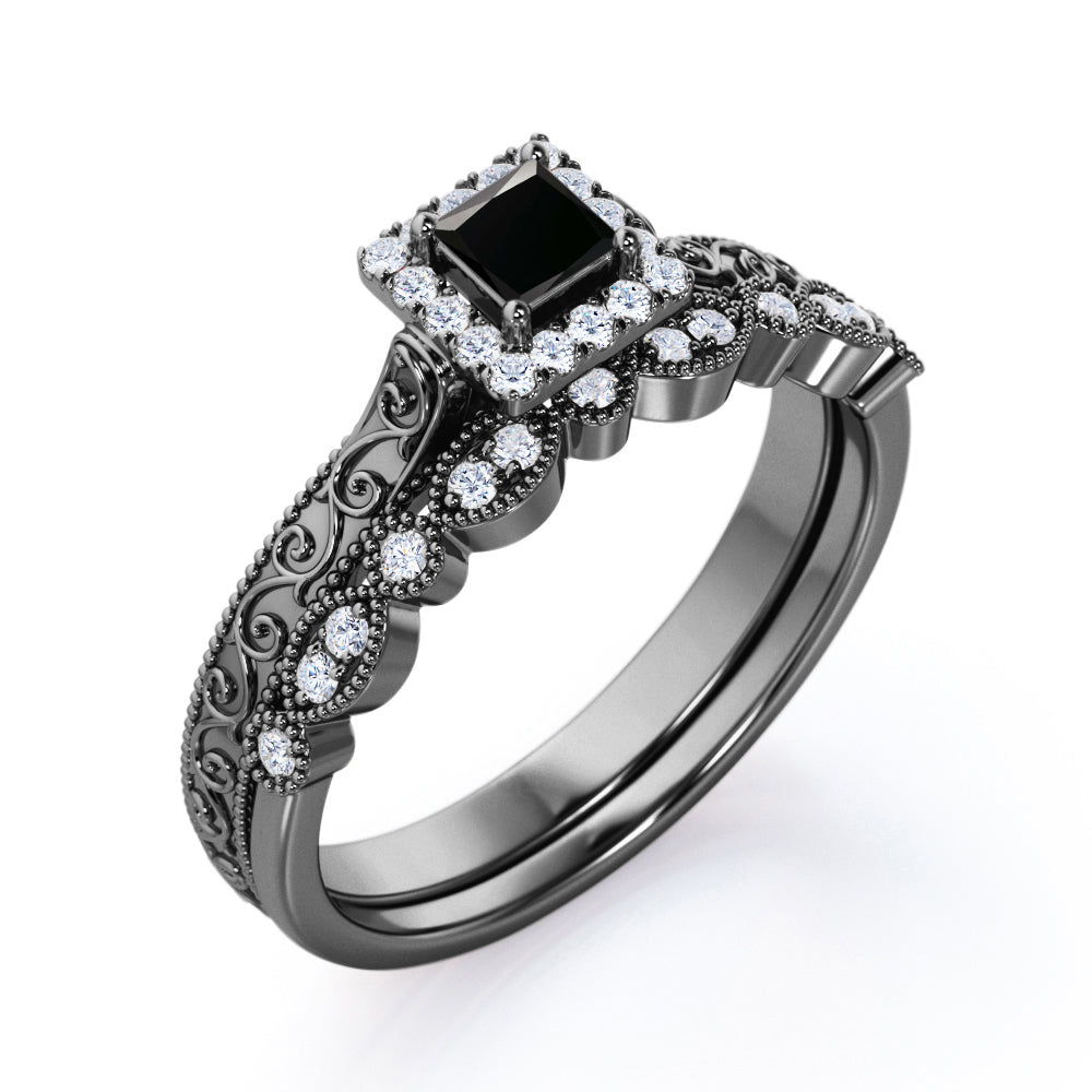 1.3 Carat Princess Cut Lab Grown Black Diamond Antique Bridal Set In White Gold