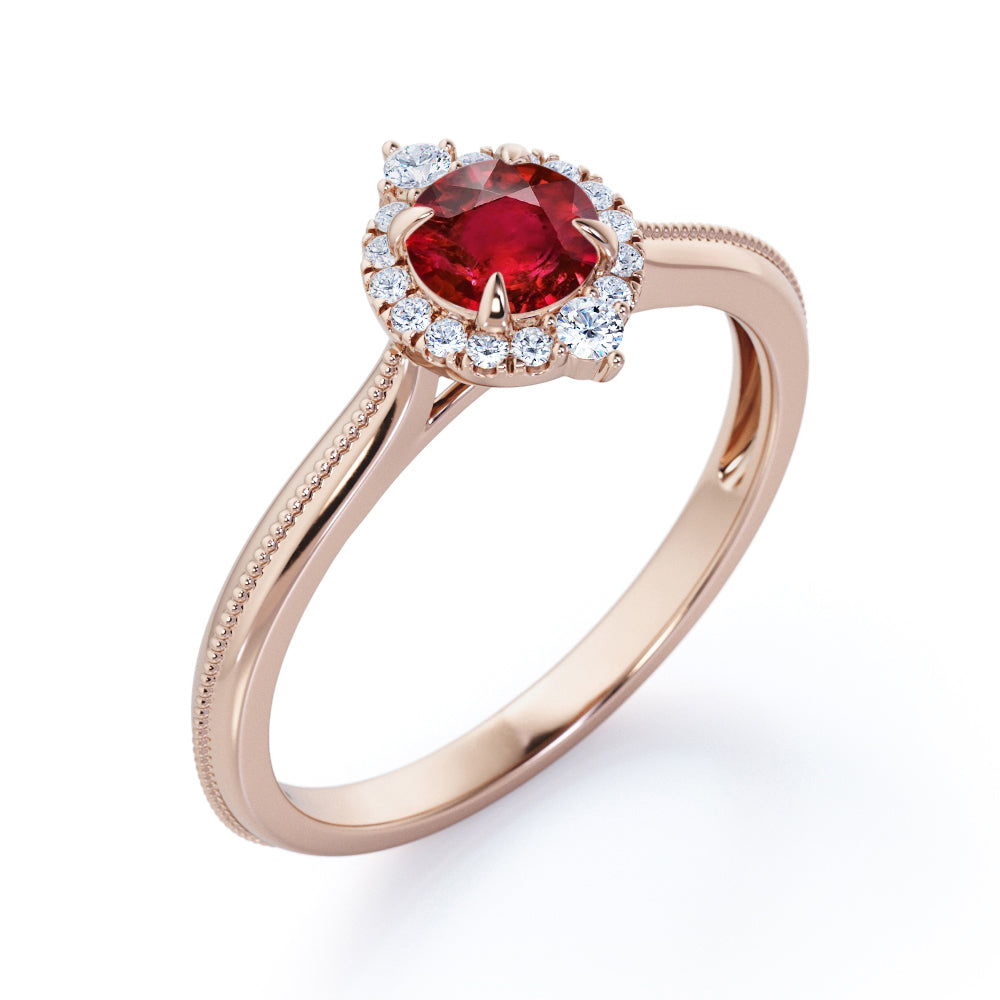 Vintage Milgrain 1.10 carat Round Cut Lab-Created Ruby and Diamond Halo Engagement ring in Rose Gold