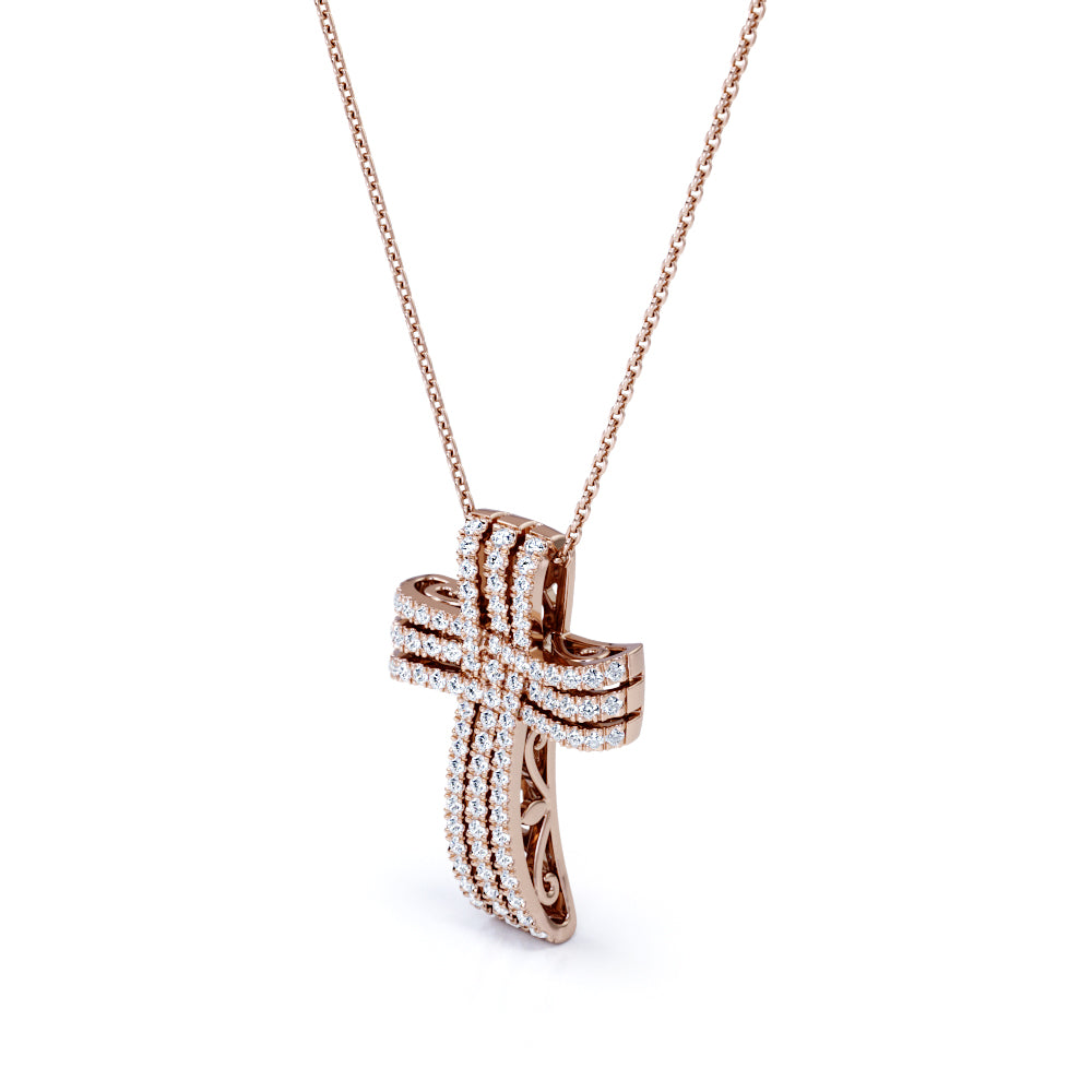 Weaved Triple-Pave 0.3 TCW Round Moissanite Filigree Crucifix Pendant Necklace in 18K White Gold Plating over Silver