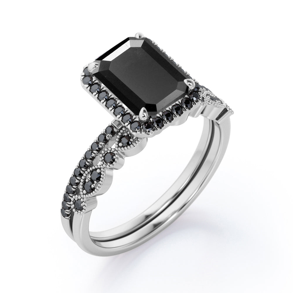 Art Deco Filigree Milgrain 1.65 TCW Emerald Cut Lab Created Black Diamond Halo-Style Wedding Set in White Gold