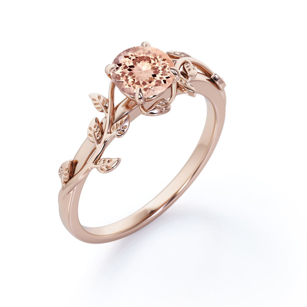 0.50 Carat Round Lab Created Morganite - Leafy Design - Solitaire Engagement Ring - 18K White Gold Plating over Silver