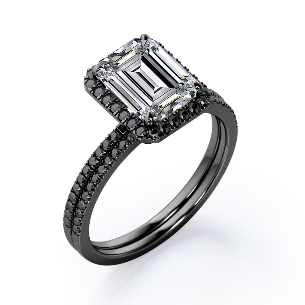 Pave Style - 1.75 TCW Emerald Cut Moissanite with Lab Created Black Diamond - Halo Setting Wedding Ring Set in Black Gold