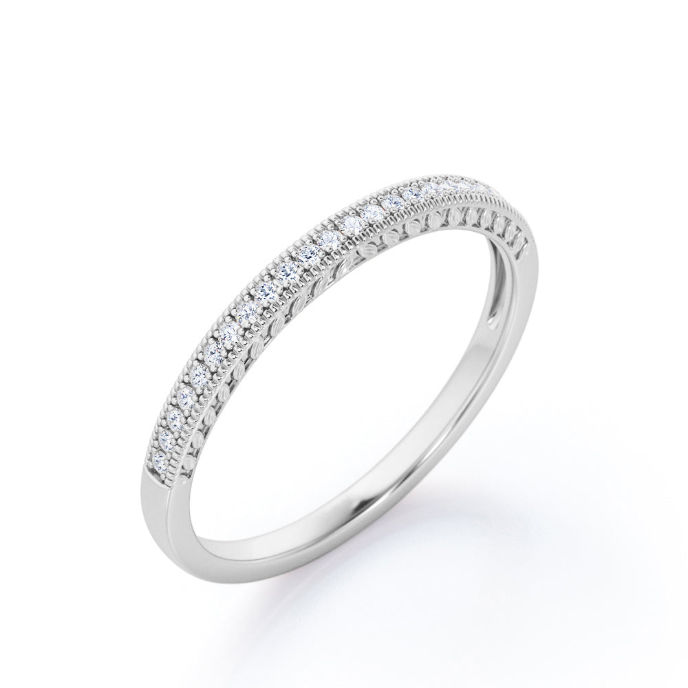 Leafy Filigree 0.15 TCW Round Cut Diamond Milgrain Pave-Channel Wedding Band in White Gold