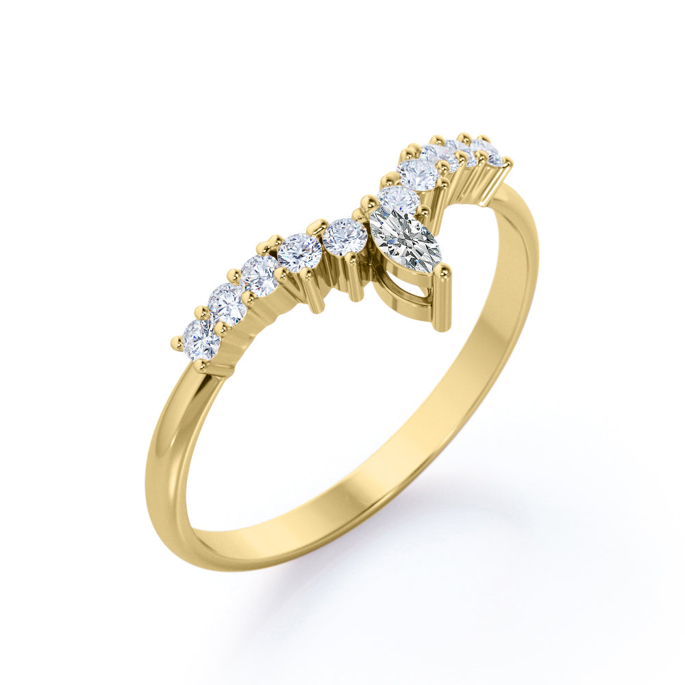 V Shaped - 0.20 TCW Marquise and Round Moissanite - Cluster Prong Wedding Band - Yellow Gold