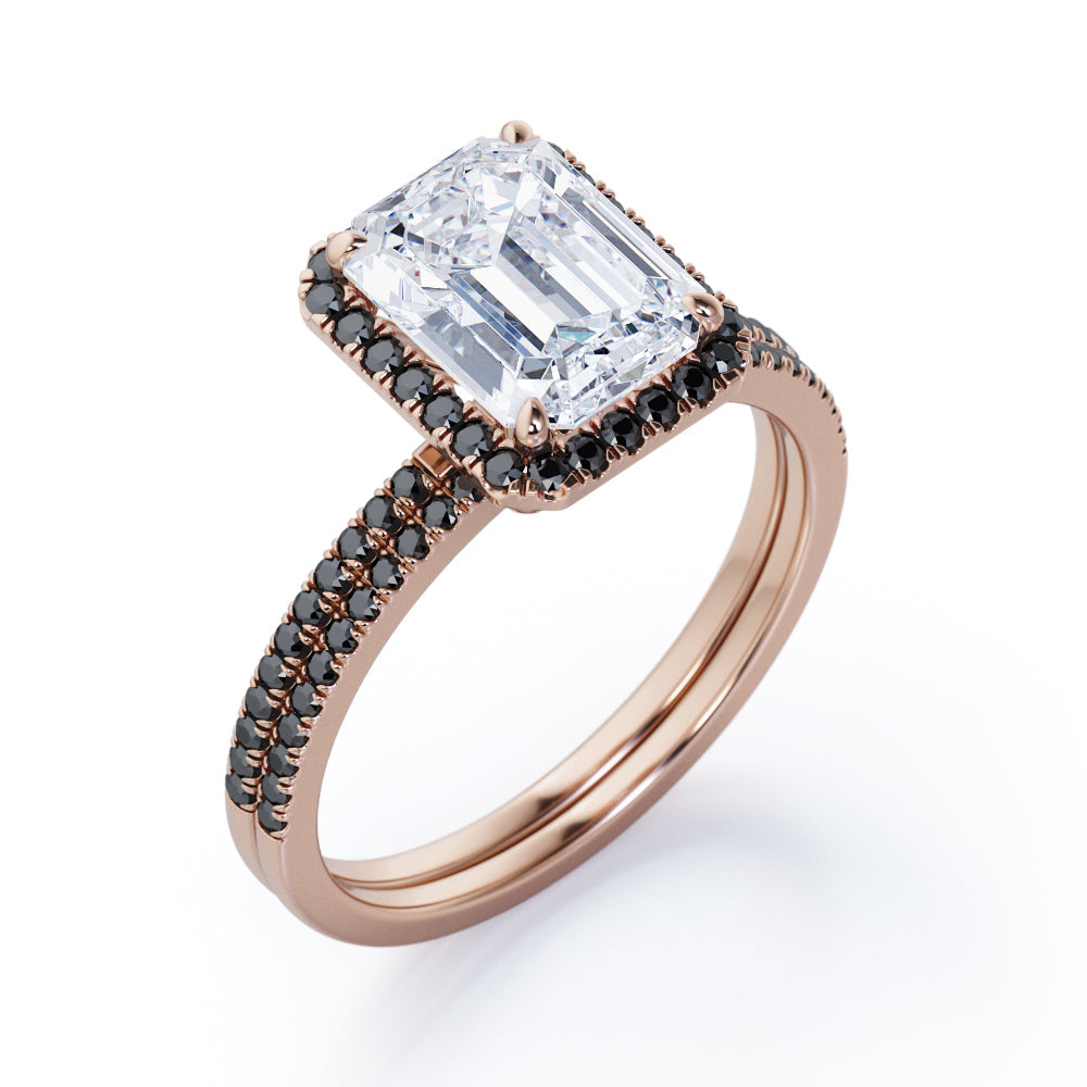 Pave Style - 1.75 TCW Emerald Cut Moissanite with Lab Created Black Diamond - Halo Setting Wedding Ring Set in Black Gold