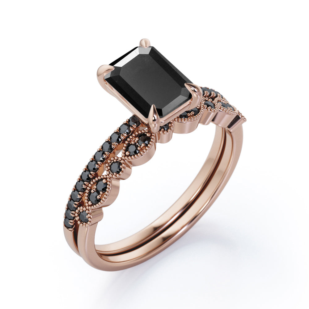 Milgrain Filigree - 1.55 TCW Emerald Cut Lab Created Black Diamond - Pave Accented Bridal Ring Set in White Gold