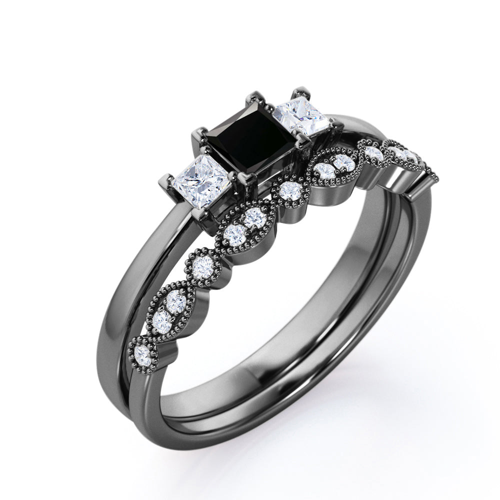 1.3 Carat Princess Cut Lab Grown Black Diamond Three Stone Wedding Ring Set In White Gold