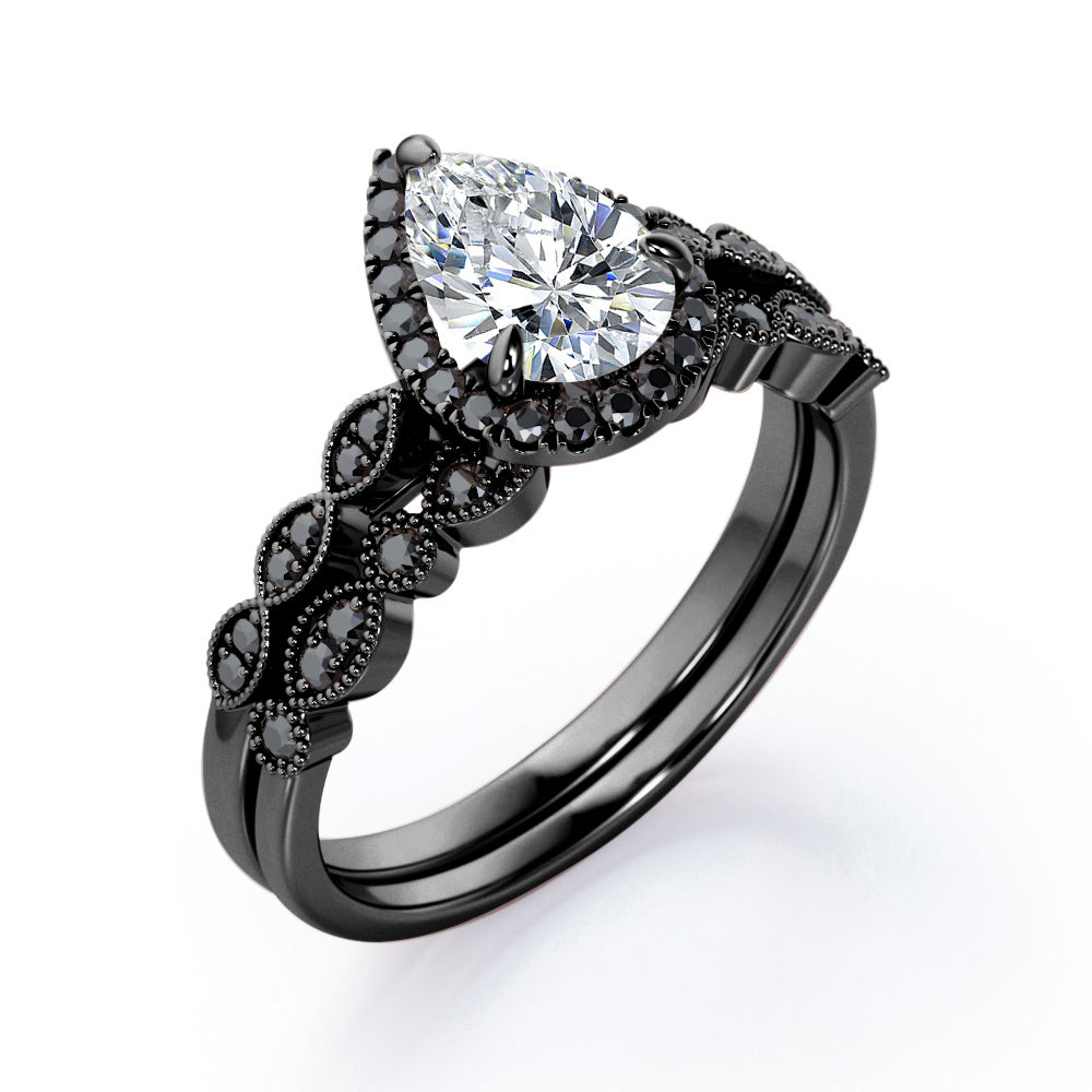 Vintage Style - 1.65 TCW Teardrop Moissanite with Lab Created Black Diamond - Milgrain Halo Bridal Set in Rose Gold