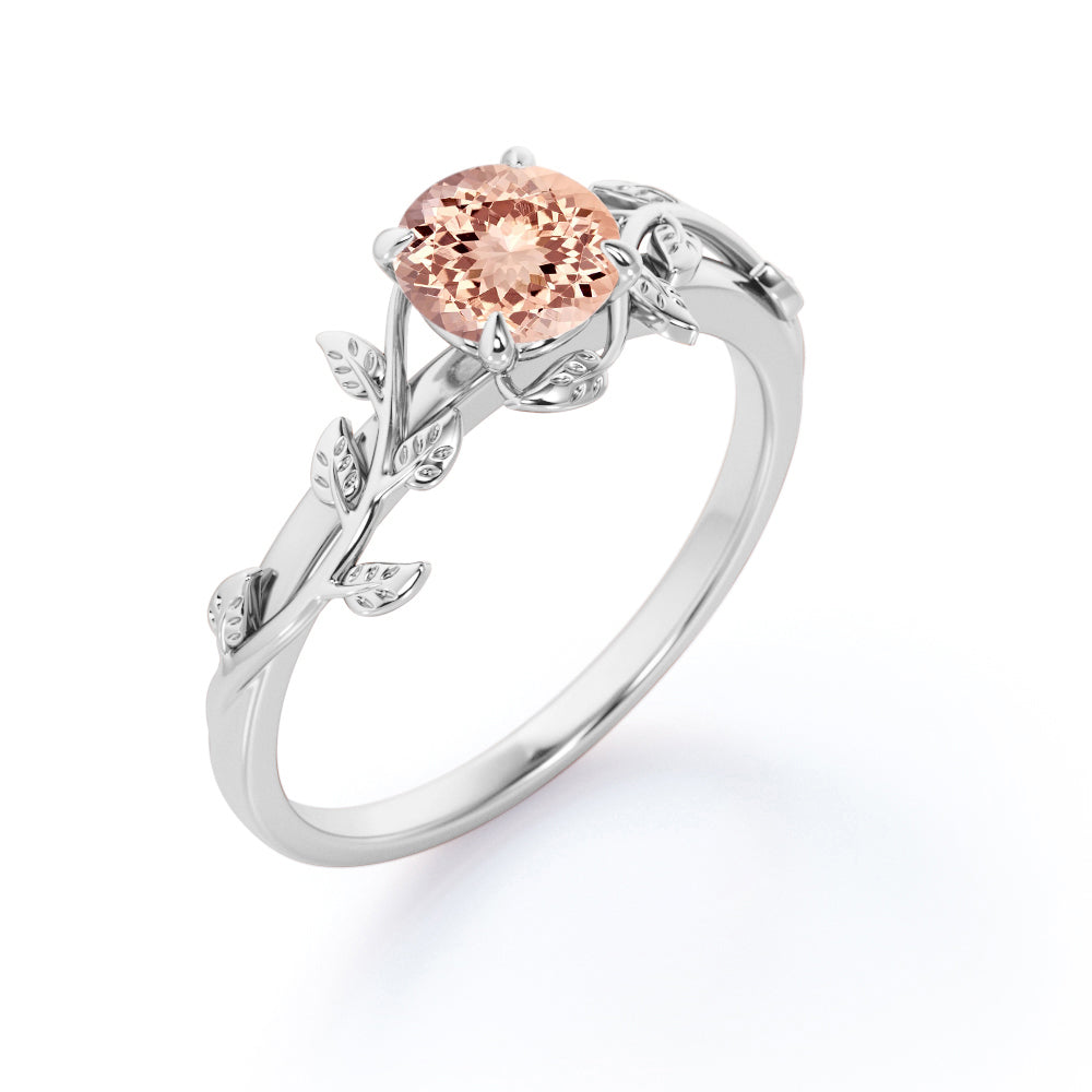 0.50 Carat Round Lab Created Morganite - Leafy Design - Solitaire Engagement Ring - 18K White Gold Plating over Silver