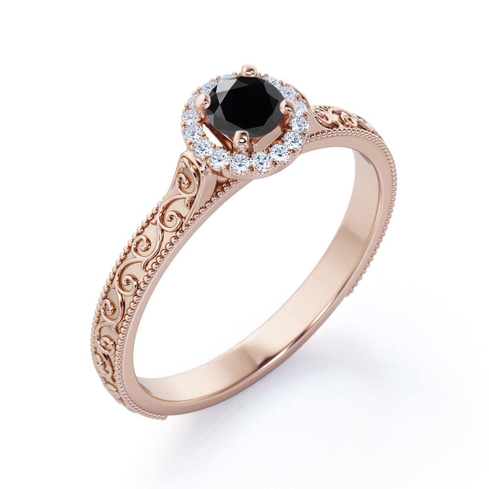 1.15 Carat Round Cut Lab Grown Black Diamond Antique Art Deco Engagement Ring In White Gold