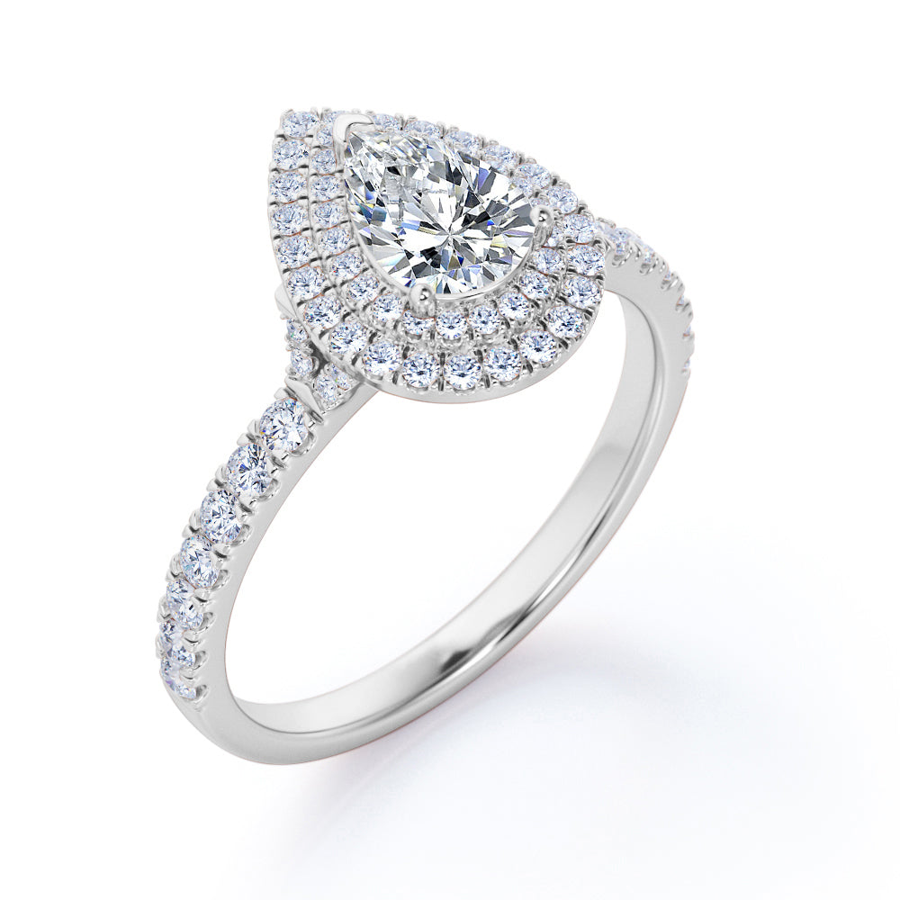 1.5 Carat Cubic Zirconia Pear Cut - Duo Halo Setting - Pave Design Engagement Ring - 18K White Gold Plating over Silver