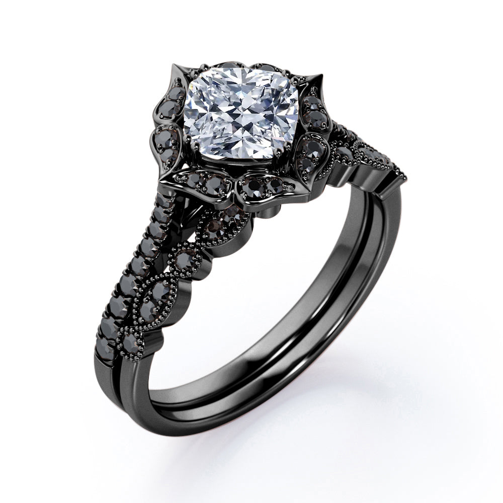 Vintage Filigree Halo - 1.65 TCW Cushion Cut Moissanite with Lab Created Black Diamond - Pave Accented Bridal Ring Set in White Gold