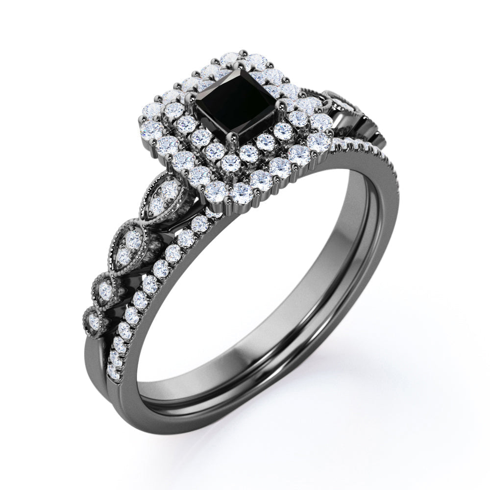 1.8 Carat Princess Cut Lab Grown Black Diamond Double Halo Wedding Ring Set In White Gold