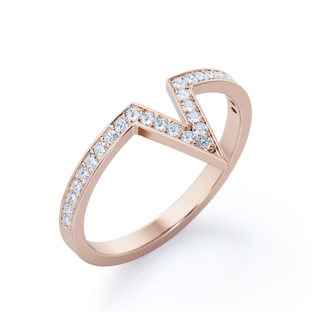 Pave Channel - 0.25 TCW Round Shaped Moissanite - V Shape Wedding Band - Rose Gold