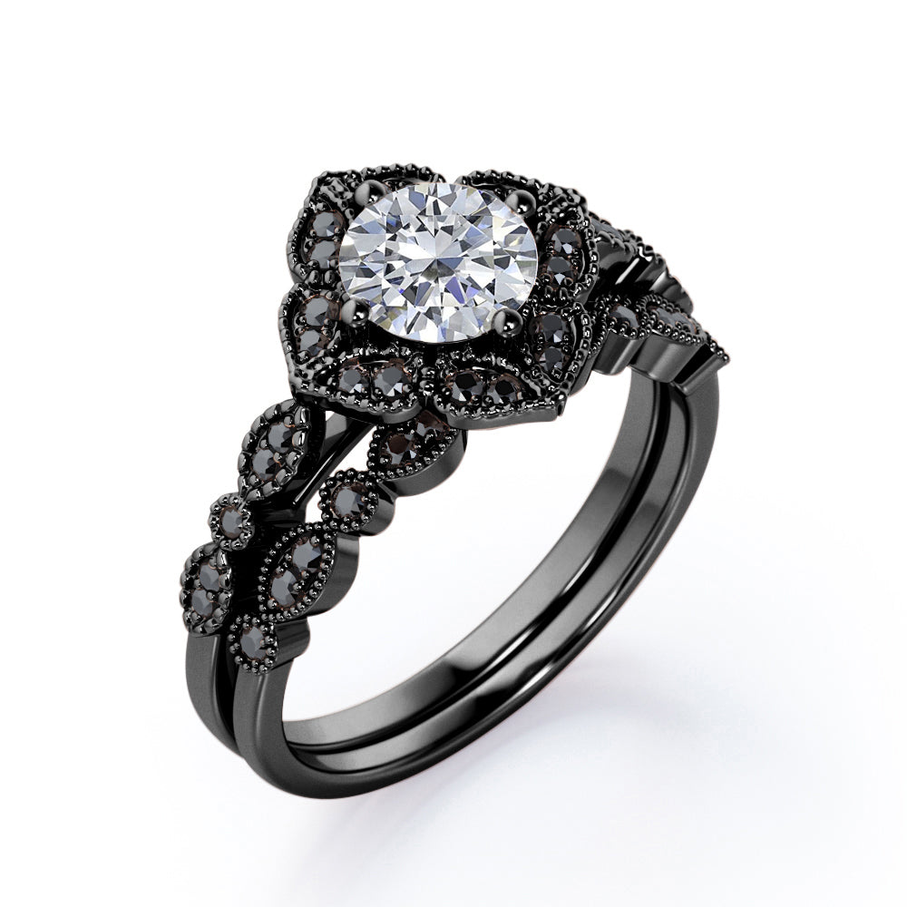 Milgrain Floral Cluster - 1.75 TCW Round Cut Moissanite with Lab Created Black Diamond - Filigree Bridal Ring Set in Rose Gold