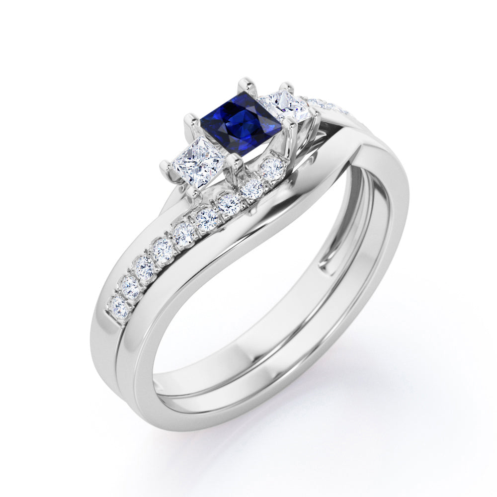 3 Stone Shared Prong - 1 TCW Princess Cut Blue Sapphire and Moissanite - Pave Curved Shank Wedding Set - Rose Gold