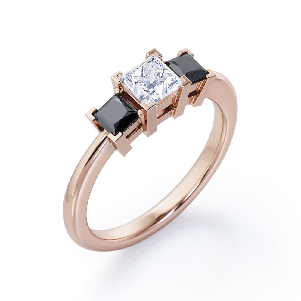 Minimalist Square V-Prong - 1.2 TCW Princess Cut Moissanite with Lab Created Black Diamond - Three-Stone Engagement Ring in Rose Gold