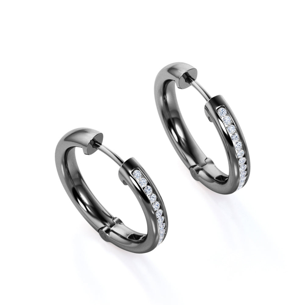 Alluring Half Eternity - 0.7 Carat Round Shape Diamond - Pave Channel - Chunky Hoop Earrings - 18K Black Gold Plating over Silver