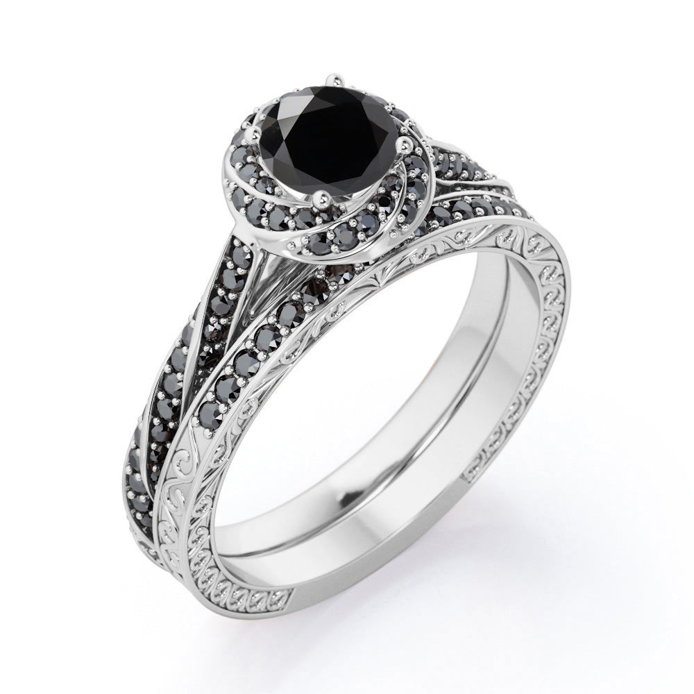 Art Deco Twisted Halo 1.55 TCW Round Shape Lab Created Black Diamond Twirl Pave Bridal Ring Set in White Gold