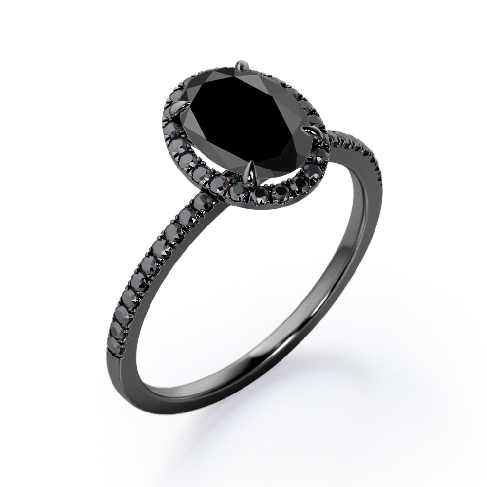 North-South Halo - 1.5 TCW Oval Shape Lab Created Black Diamond - Pave Design Engagement Ring in White Gold