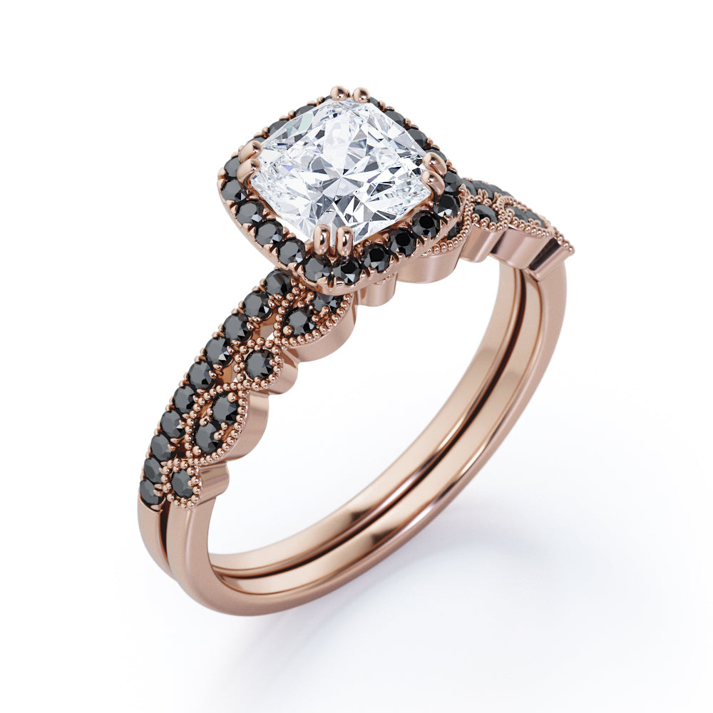 Pave-Accented Halo 1.6 TCW Cushion Cut Moissanite with Lab Created Black Diamond Milgrain Filigree Wedding Ring Set in Rose Gold