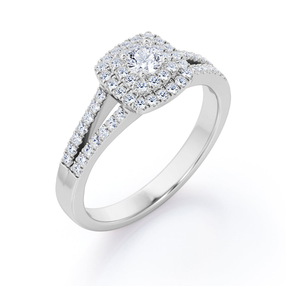 Split Shank Pave 0.45 TCW Round Shape Diamond Double Cushion Halo Engagement Ring in White Gold