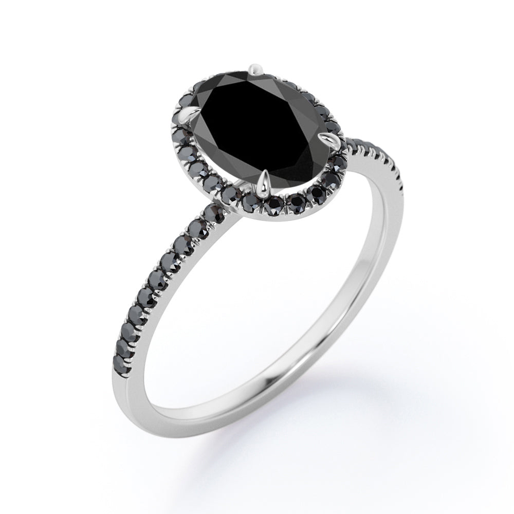 North-South Halo - 1.5 TCW Oval Shape Lab Created Black Diamond - Pave Design Engagement Ring in White Gold