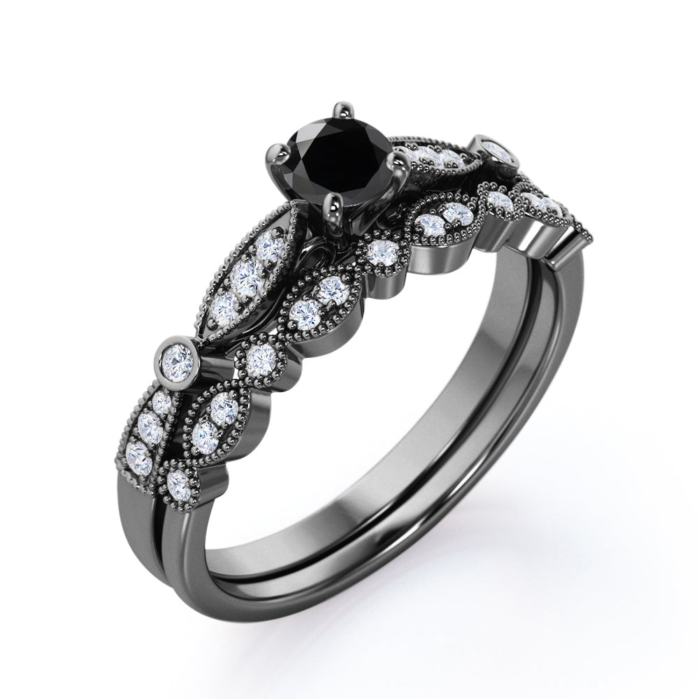 1.3 Carat Round Cut Lab Grown Black Diamond Unique Wedding Ring Set For Women In White Gold