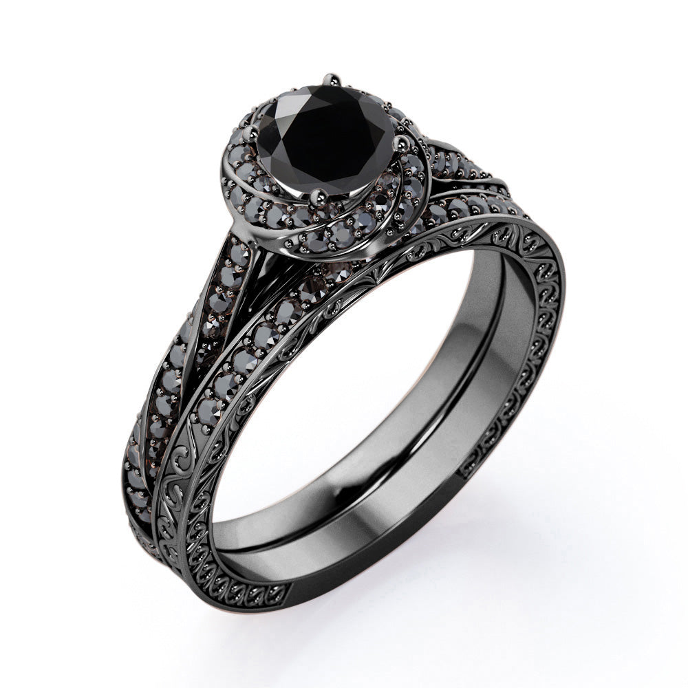 Art Deco Twisted Halo 1.55 TCW Round Shape Lab Created Black Diamond Twirl Pave Bridal Ring Set in White Gold